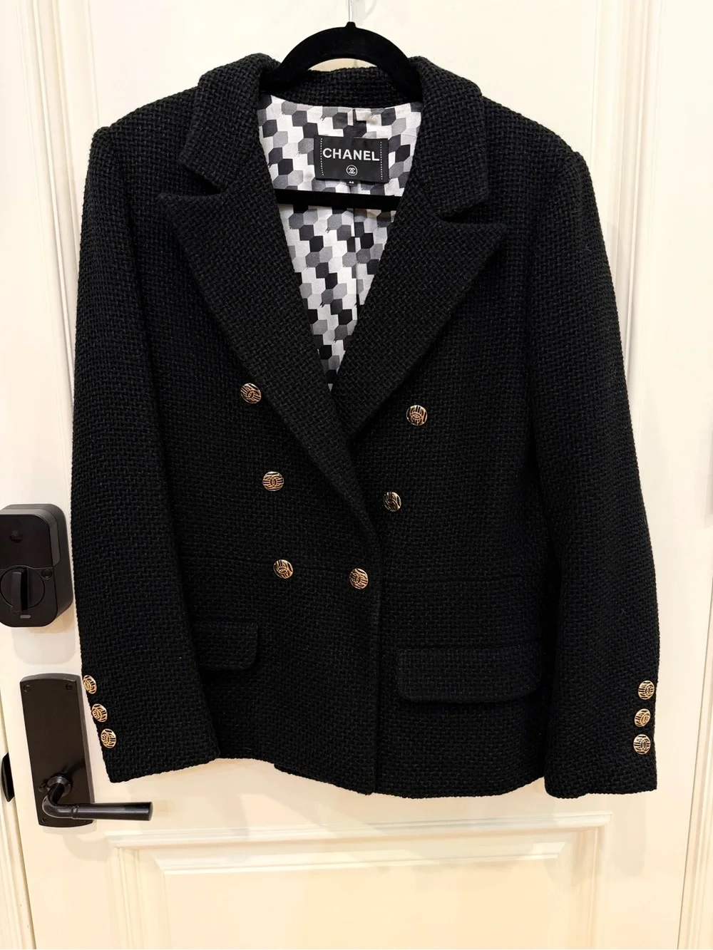 CHANEL Black Double-Breasted Blazer with Gold Buttons size 46